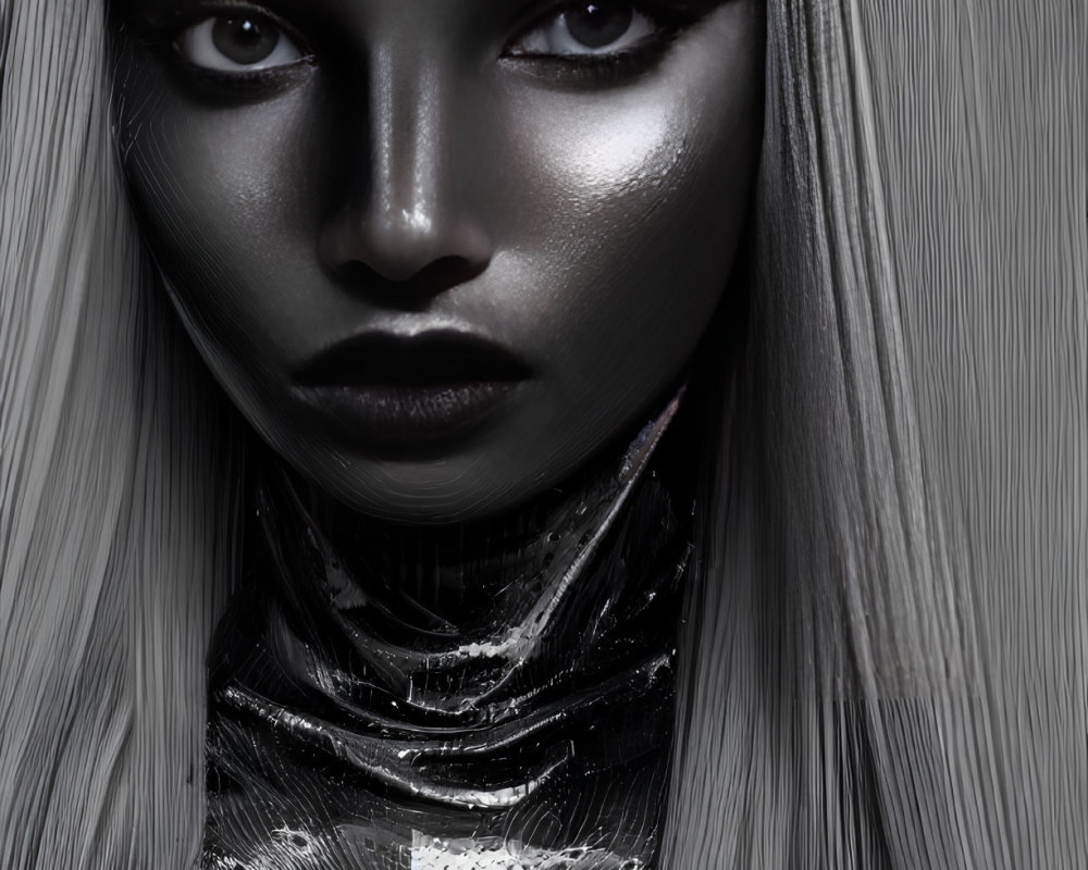 Monochromatic portrait with metallic makeup, black lips, and platinum hair