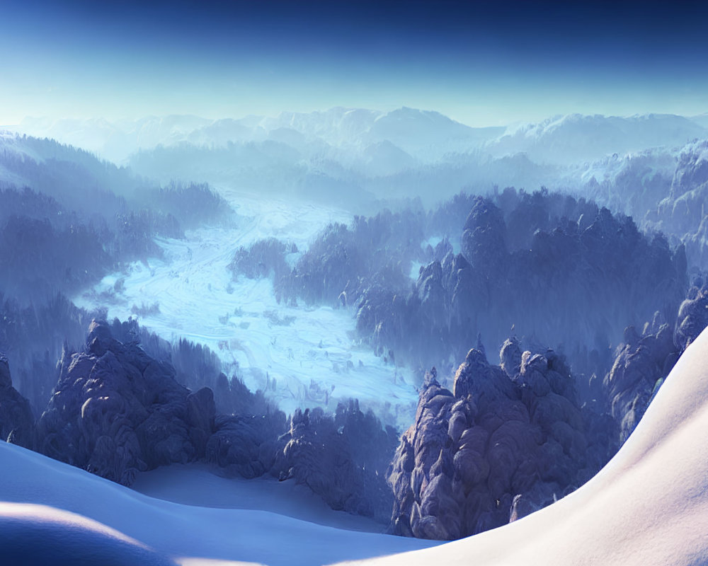 Snow-covered hills and serene valley in winter landscape