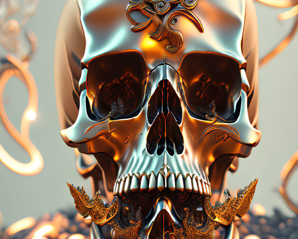 Detailed Digital Artwork: Golden Ornate Skull with Blue Gem and Surrounding Smaller Skulls