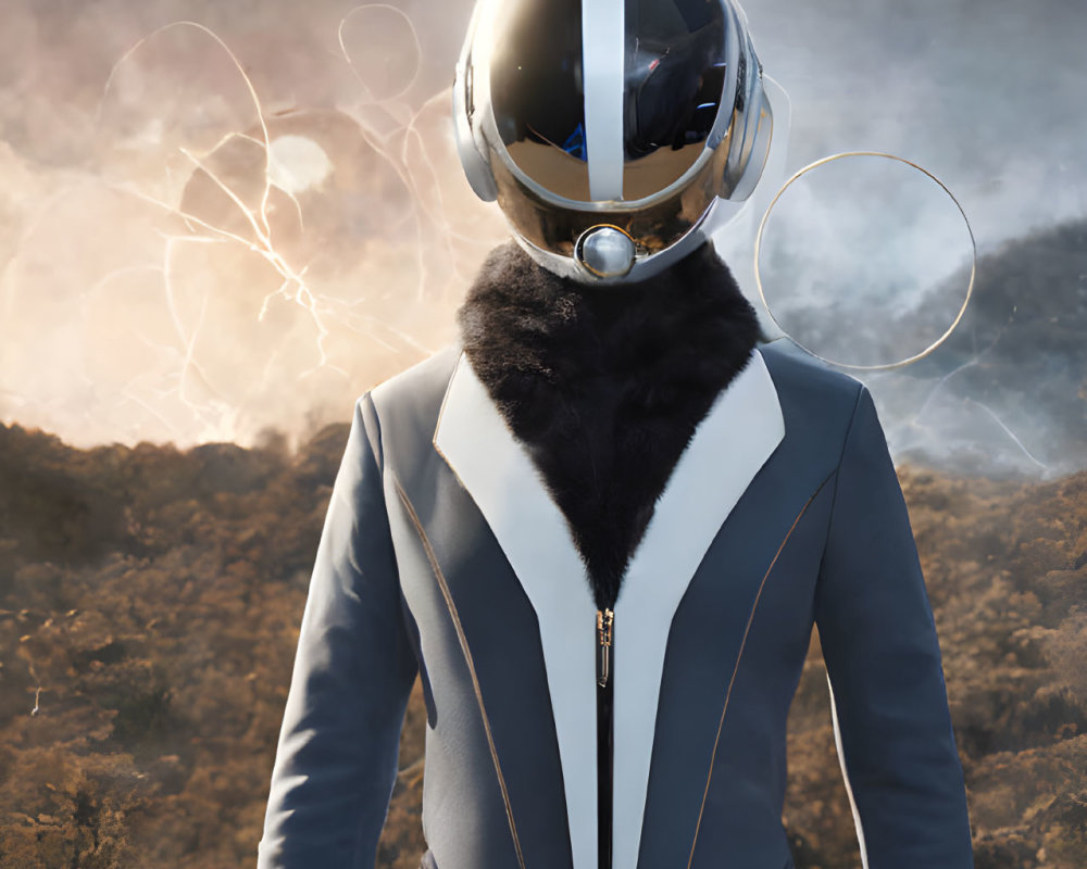 Futuristic spacesuit with reflective helmet against dramatic skies and fiery landscape