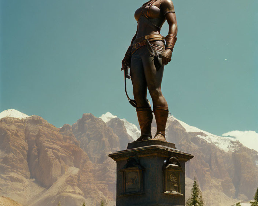 Heroic Figure Statue on Stone Plinth with Mountain Background