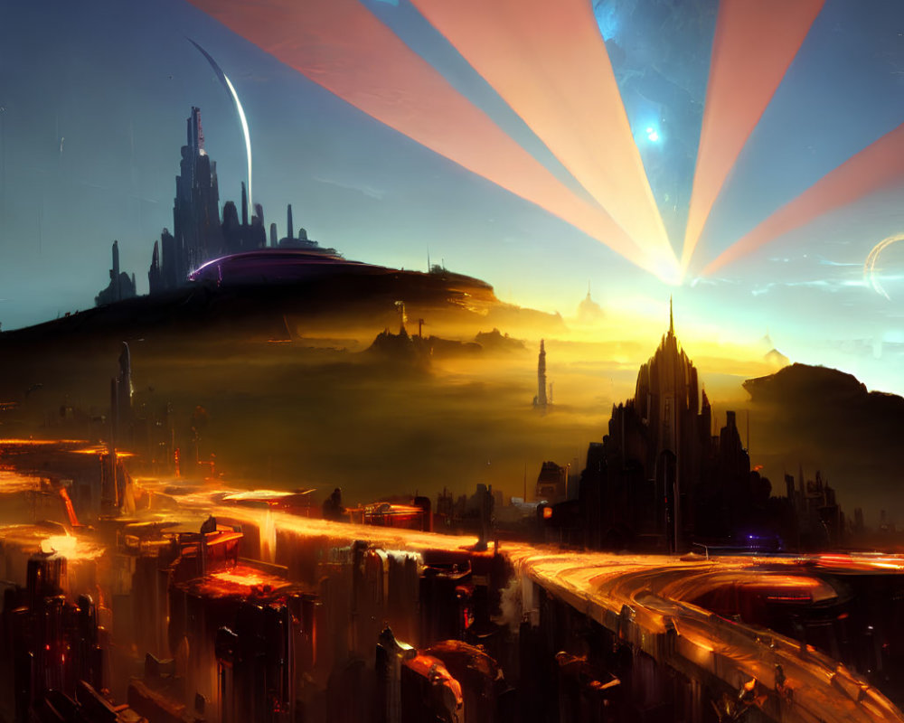 Futuristic cityscape at sunrise with skyscrapers and glowing roads