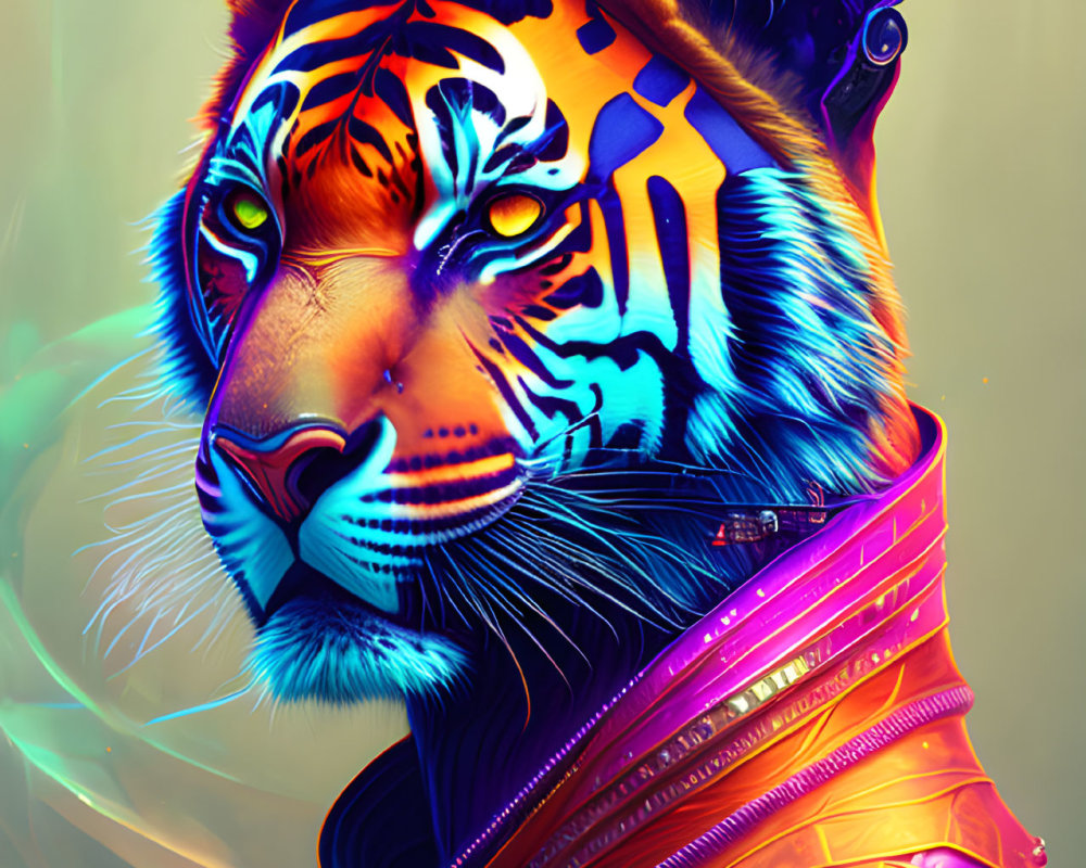 Colorful Tiger Artwork with Neon Patterns on Warm Background