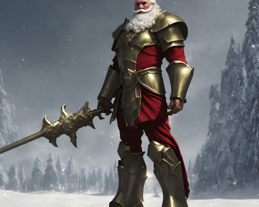 White-bearded warrior in red and gold armor wields spiked mace in snowy landscape