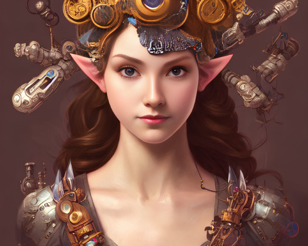 Fantasy portrait of woman with steampunk accessories and mechanical crown.