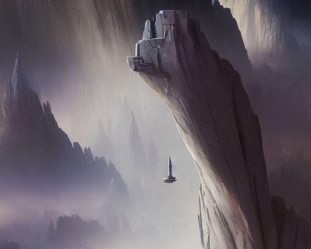 Alien landscape with towering cliffs, structure, spaceship, mountains, dusky sky