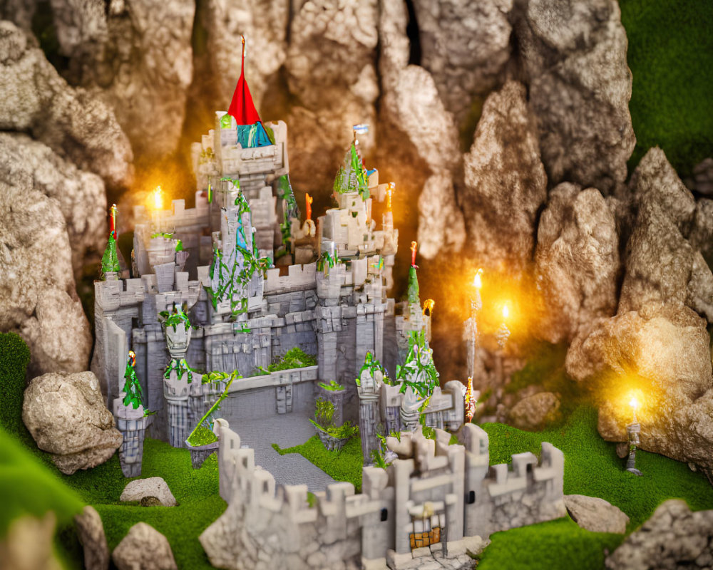 Miniature castle with red flags, torches, and green ivy in rocky terrain