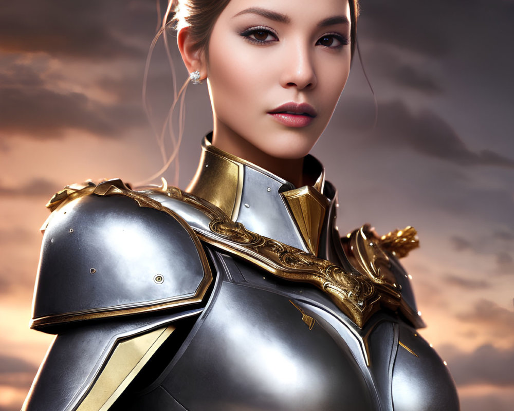 Asian woman in fantasy armor under dramatic sky