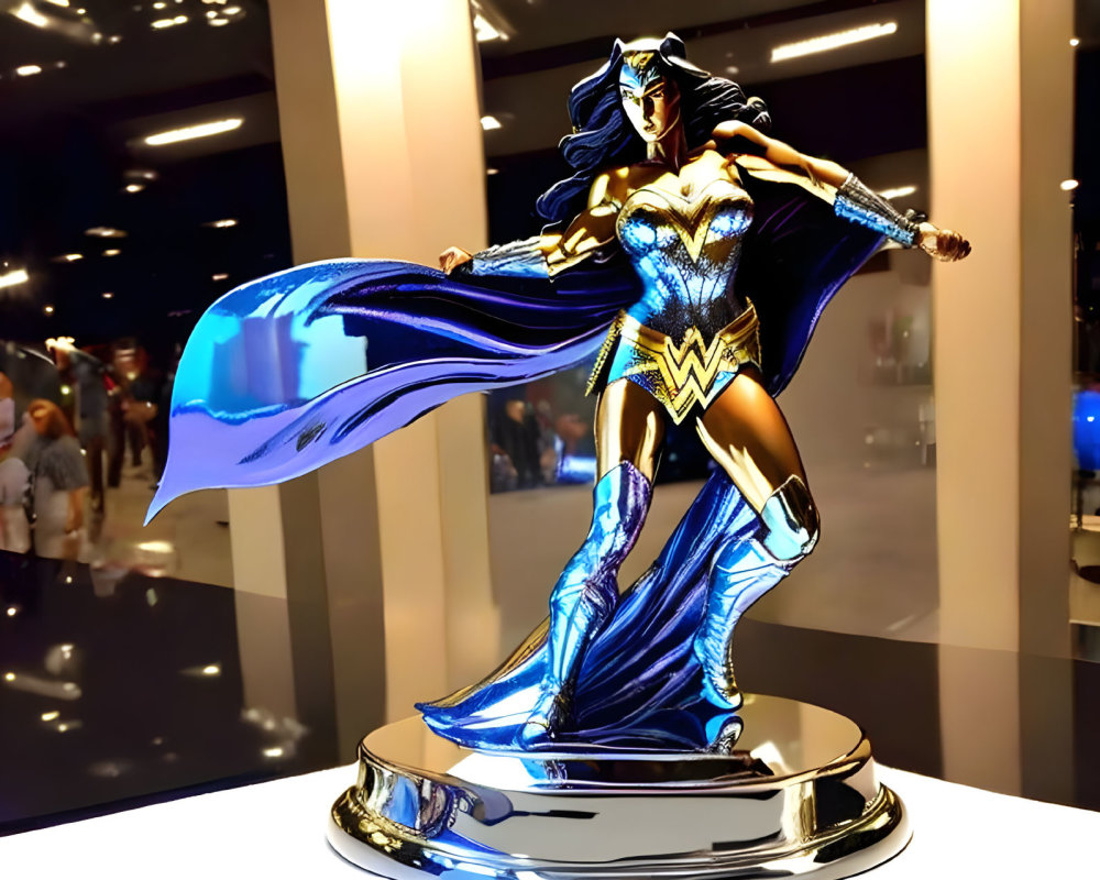 Shiny Wonder Woman Figurine with Flowing Cape Displayed at Convention