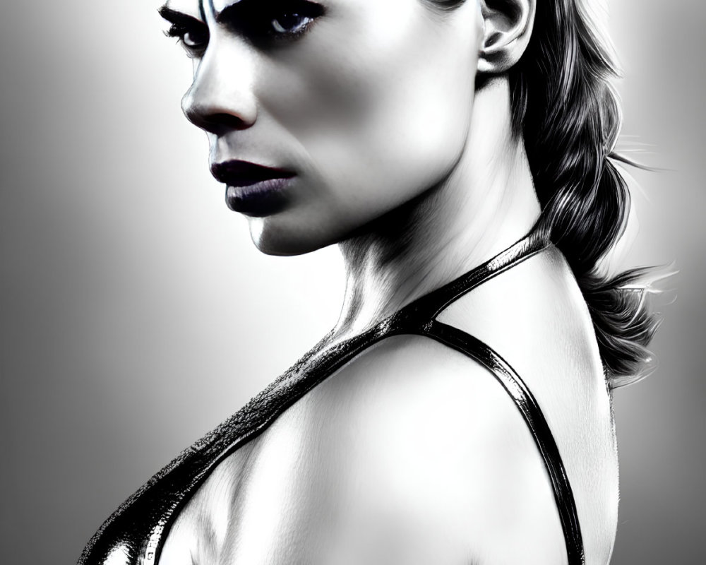 Monochrome digital artwork of stern woman in strap dress with braided hair and dark lipstick