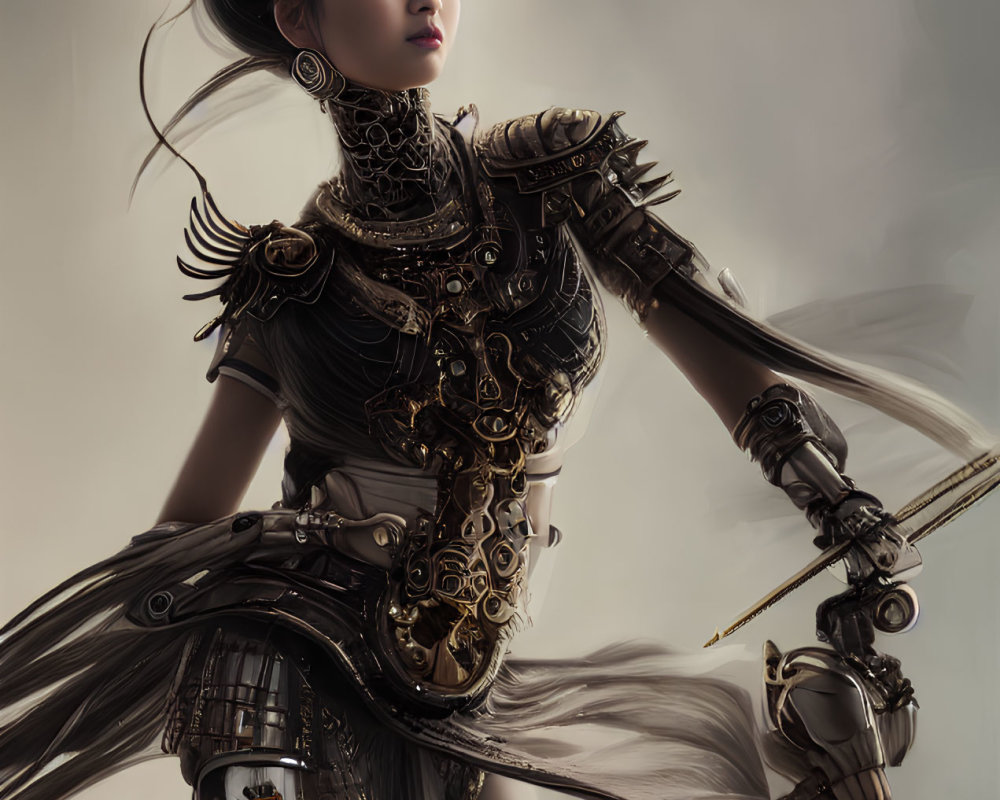 Detailed Armor-Wearing Warrior Woman with Sword in Updo