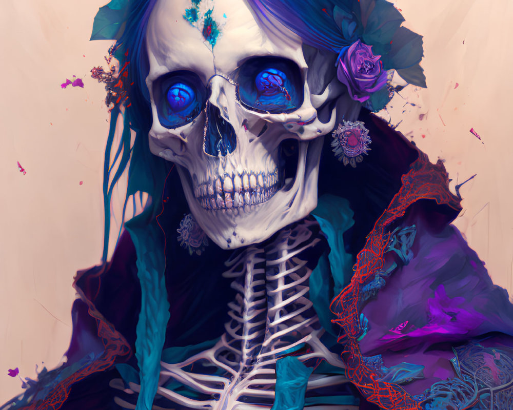 Colorful Flower Adorned Skeleton Illustration on Pastel Background