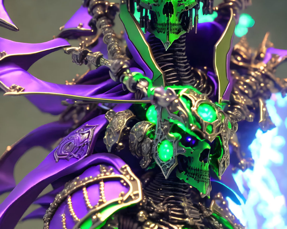 Detailed futuristic robotic skull with green accents and armor.