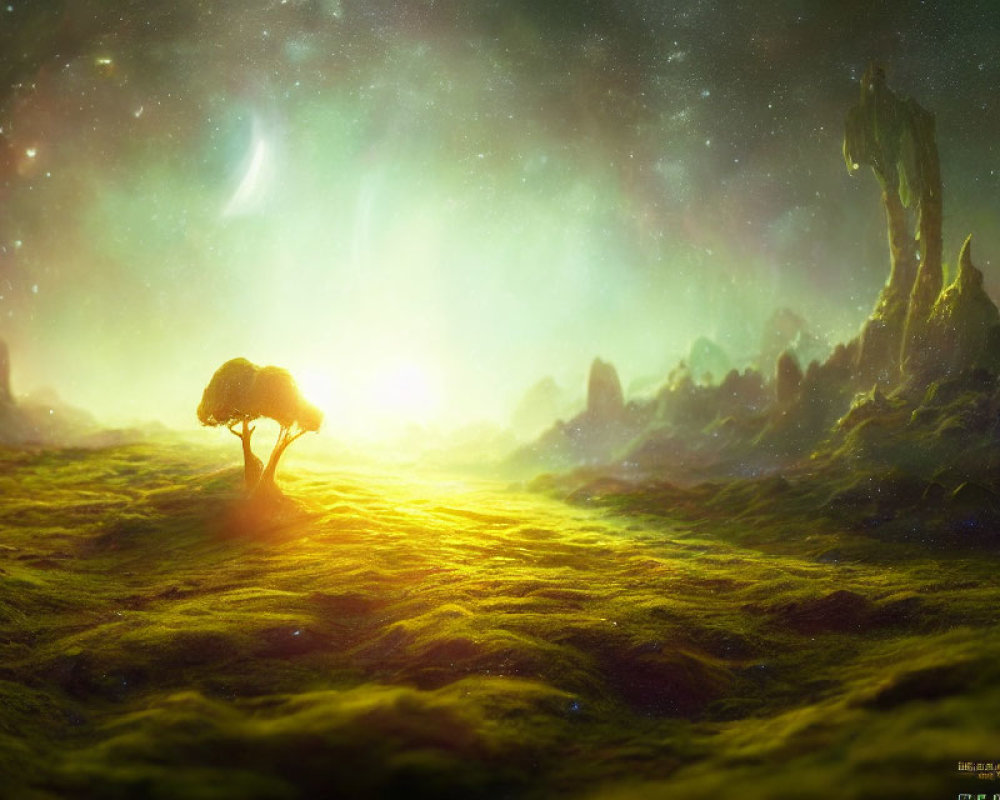 Solitary tree on vibrant mossy landscape under celestial sky