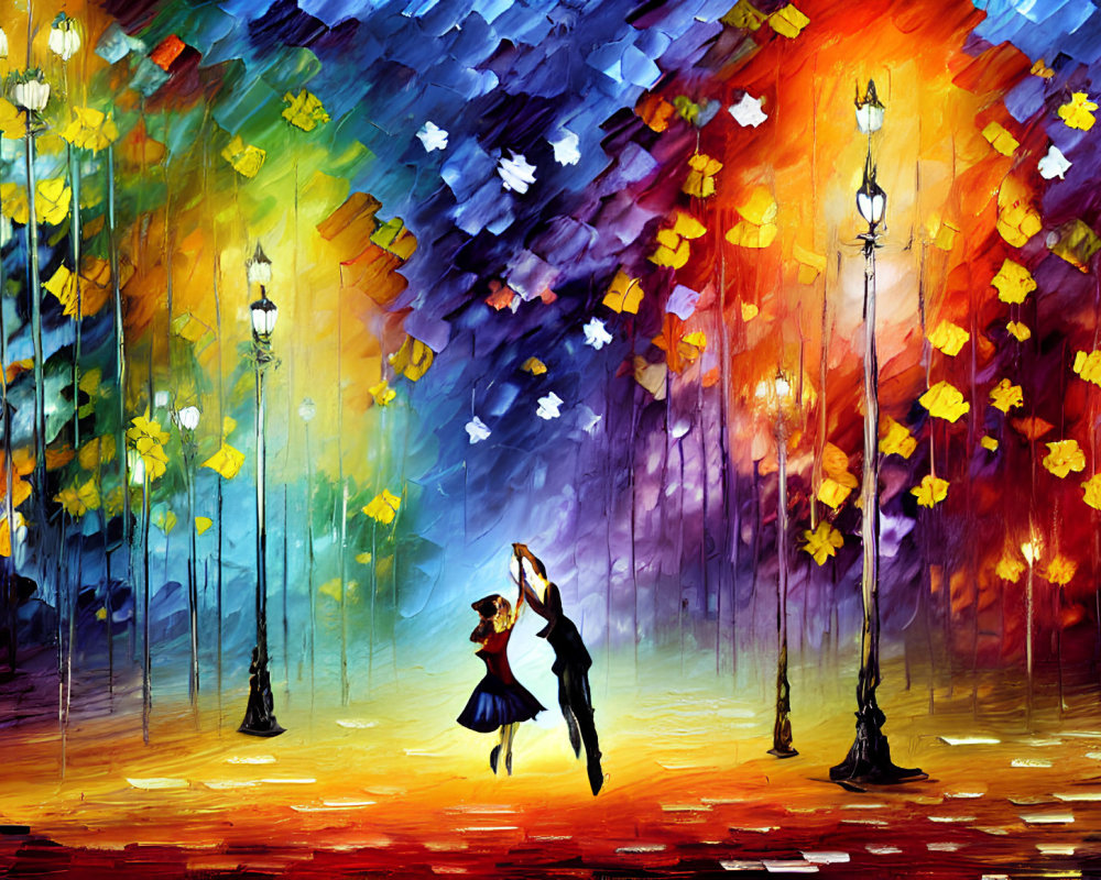 Impressionistic painting of couple dancing under lamplight