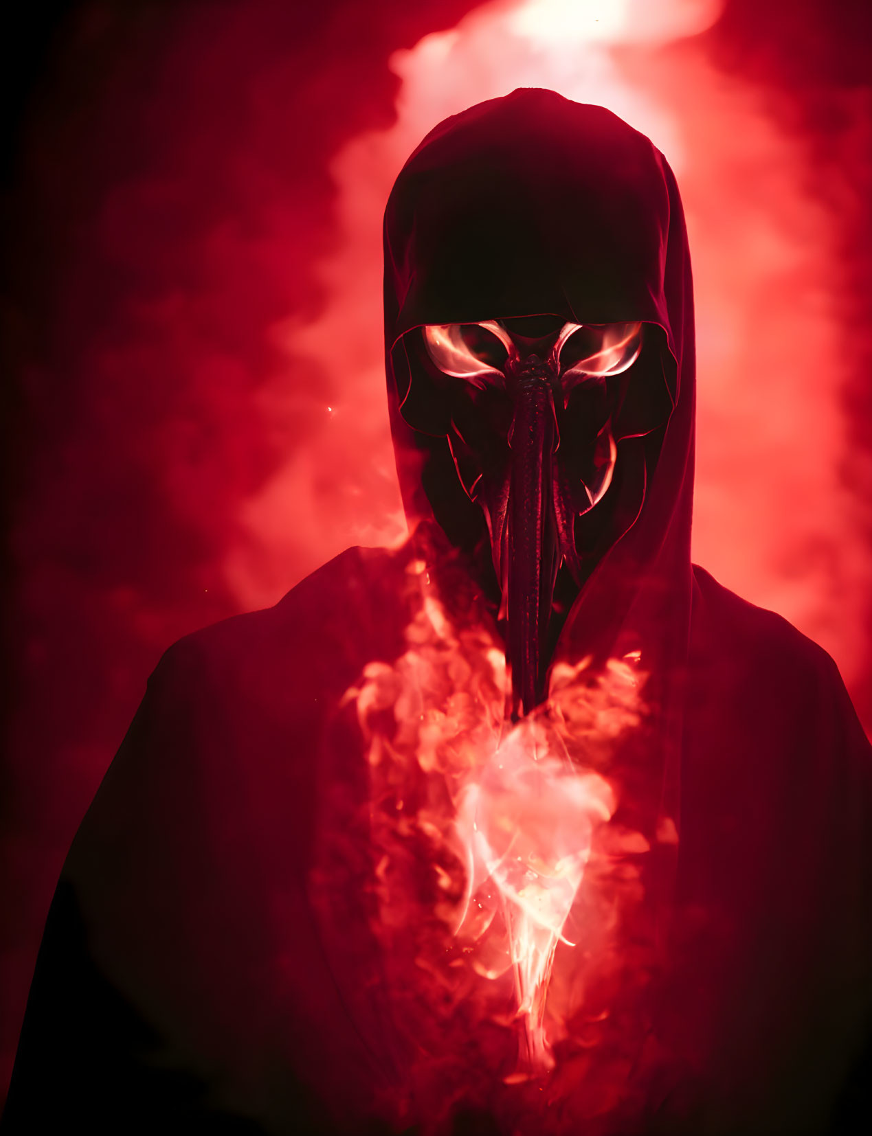 Hooded figure with glowing red eyes holding luminous crystal in red mist