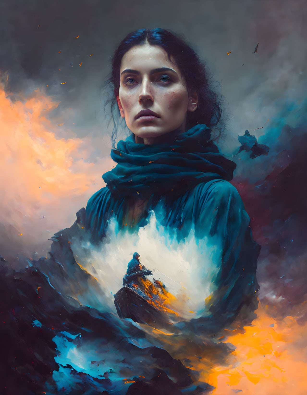 Solemn woman in teal scarf against stormy sky and fiery light