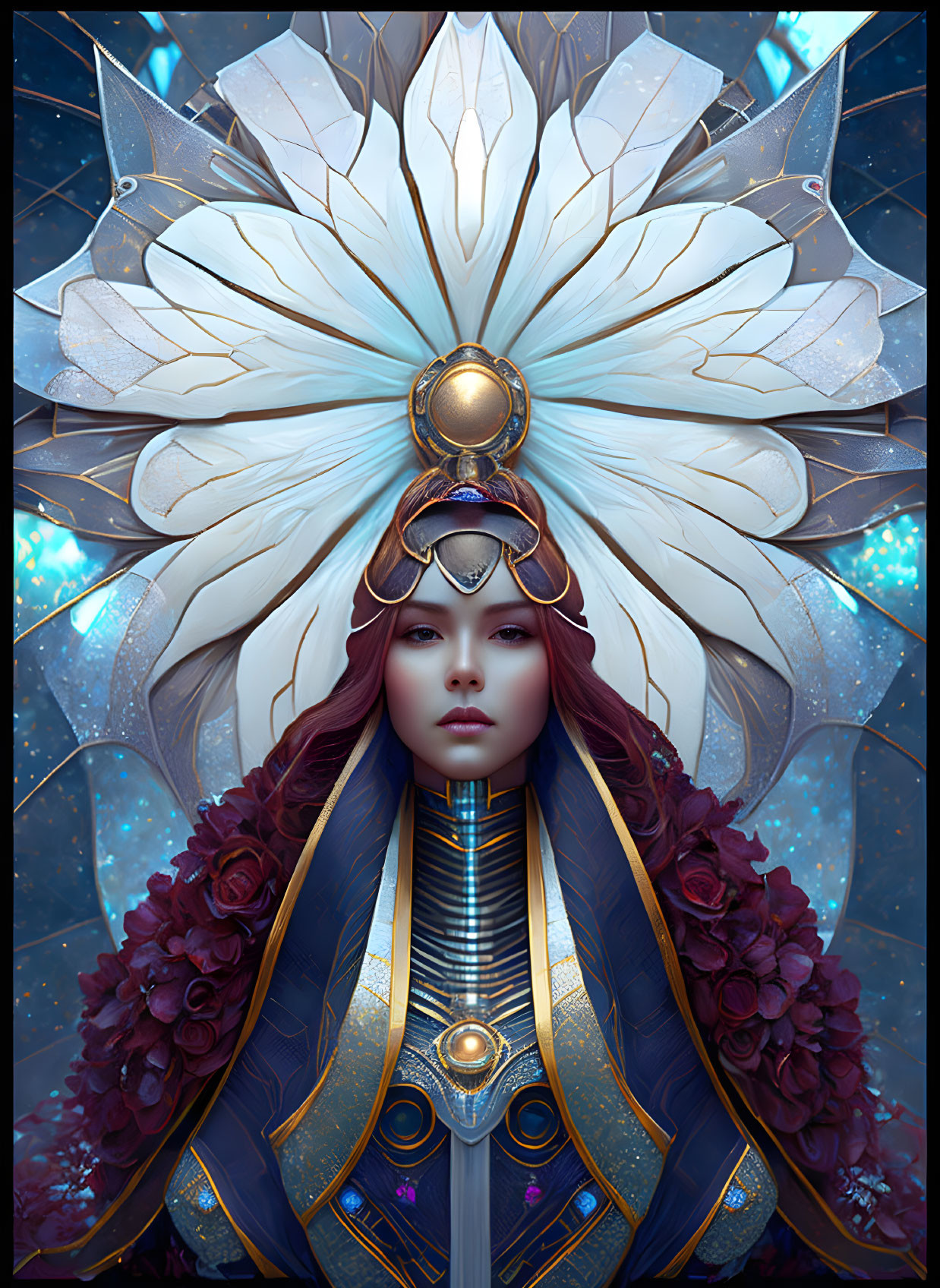 Elaborate White and Gold Headgear Woman Portrait in Cosmic Background