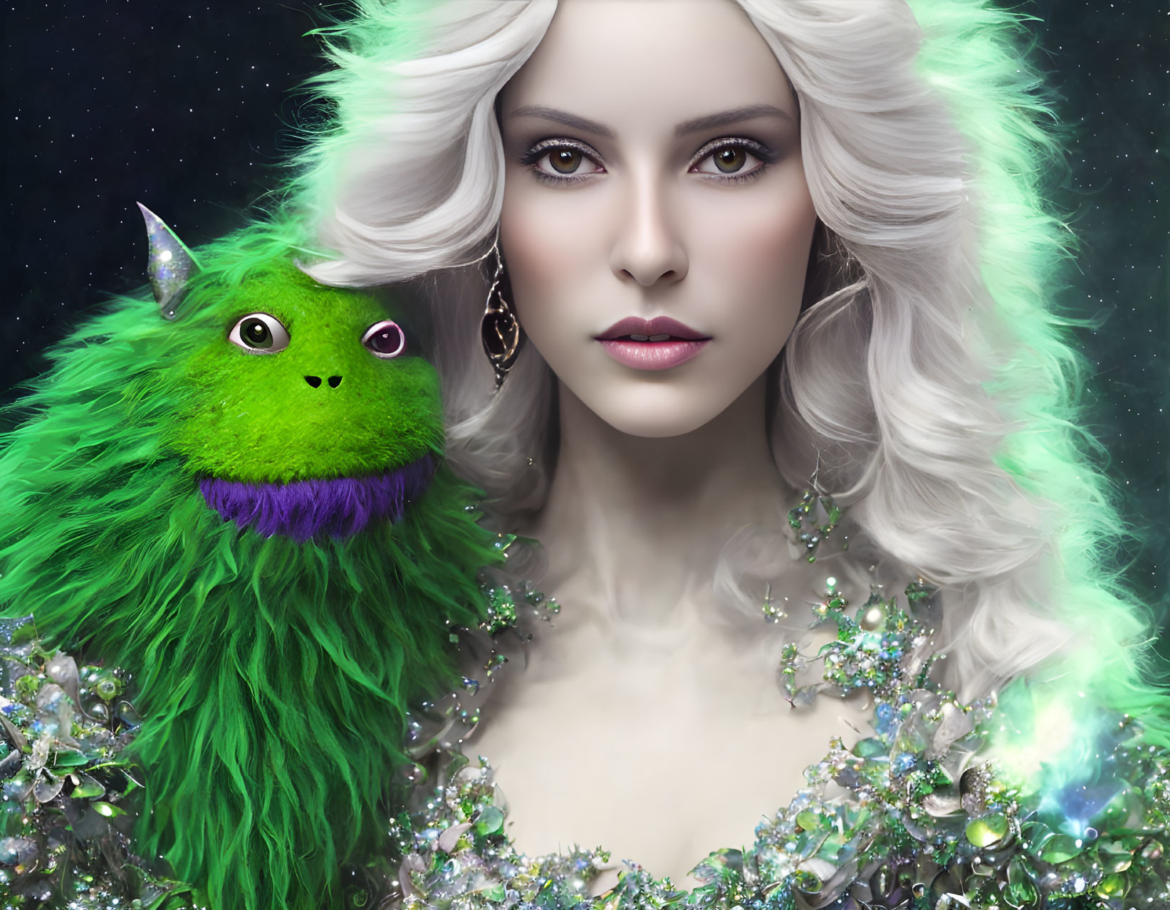 Fantastical green creature perches on woman with striking makeup