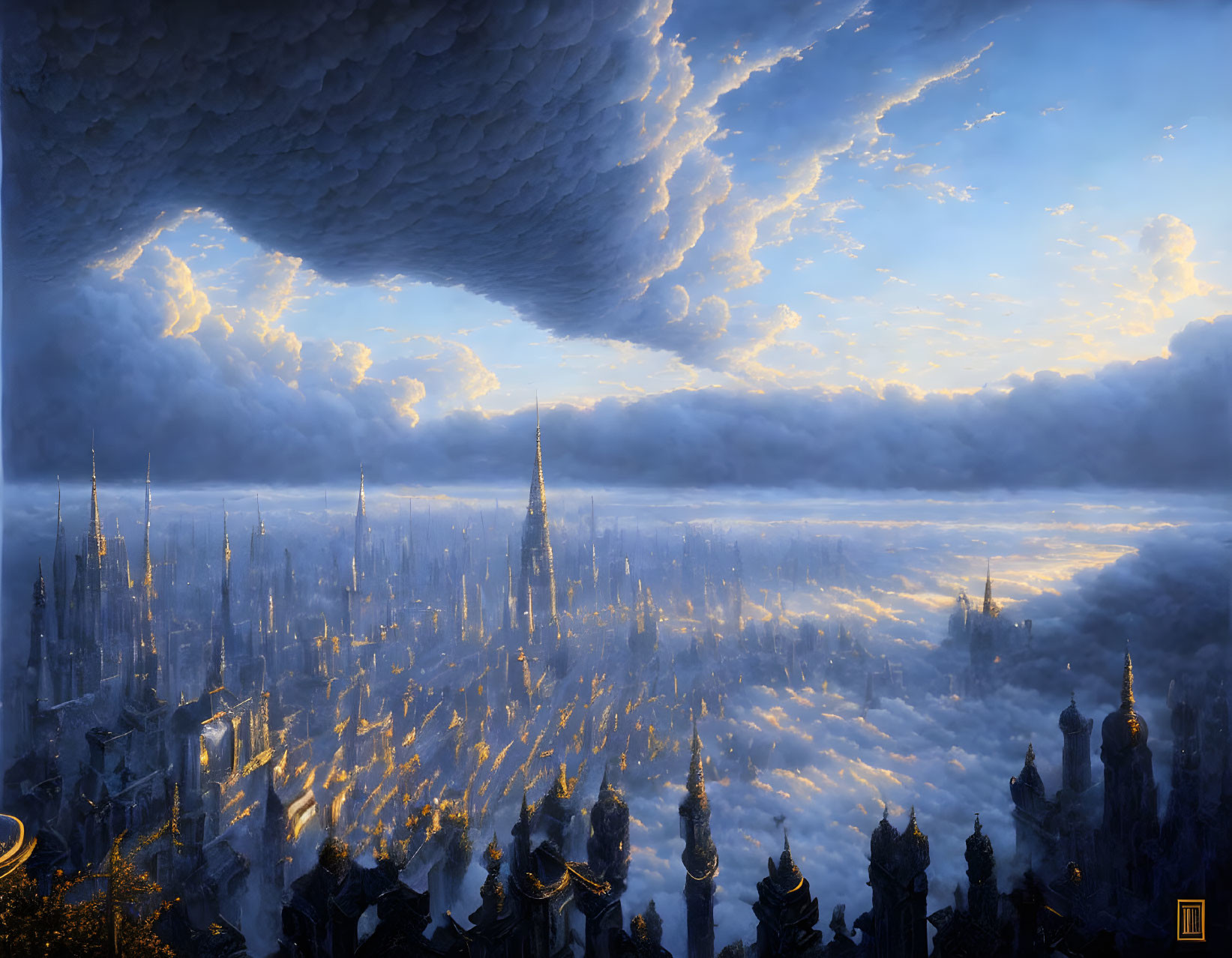 Fantastical cityscape with towering spires under dramatic sky