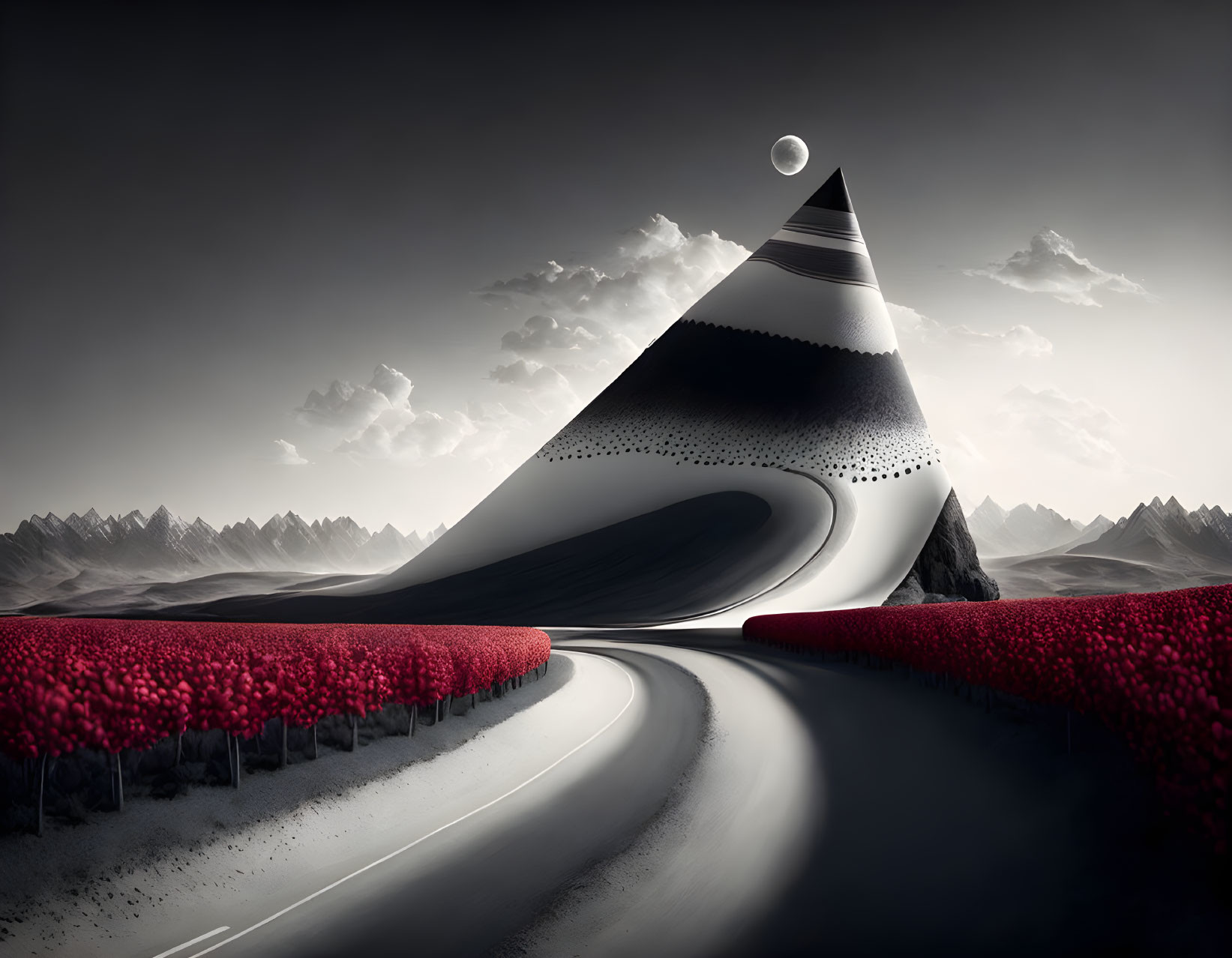 Surreal landscape with winding road, red foliage, pyramid-shaped mountain, and moody sky.