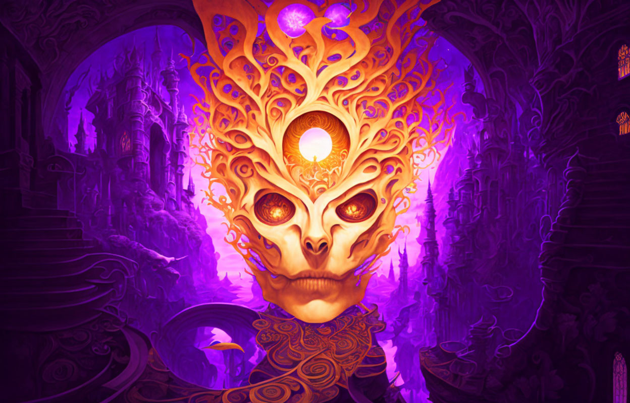 Purple Fantasy Artwork: Ornate Skull Mask in Gothic Setting