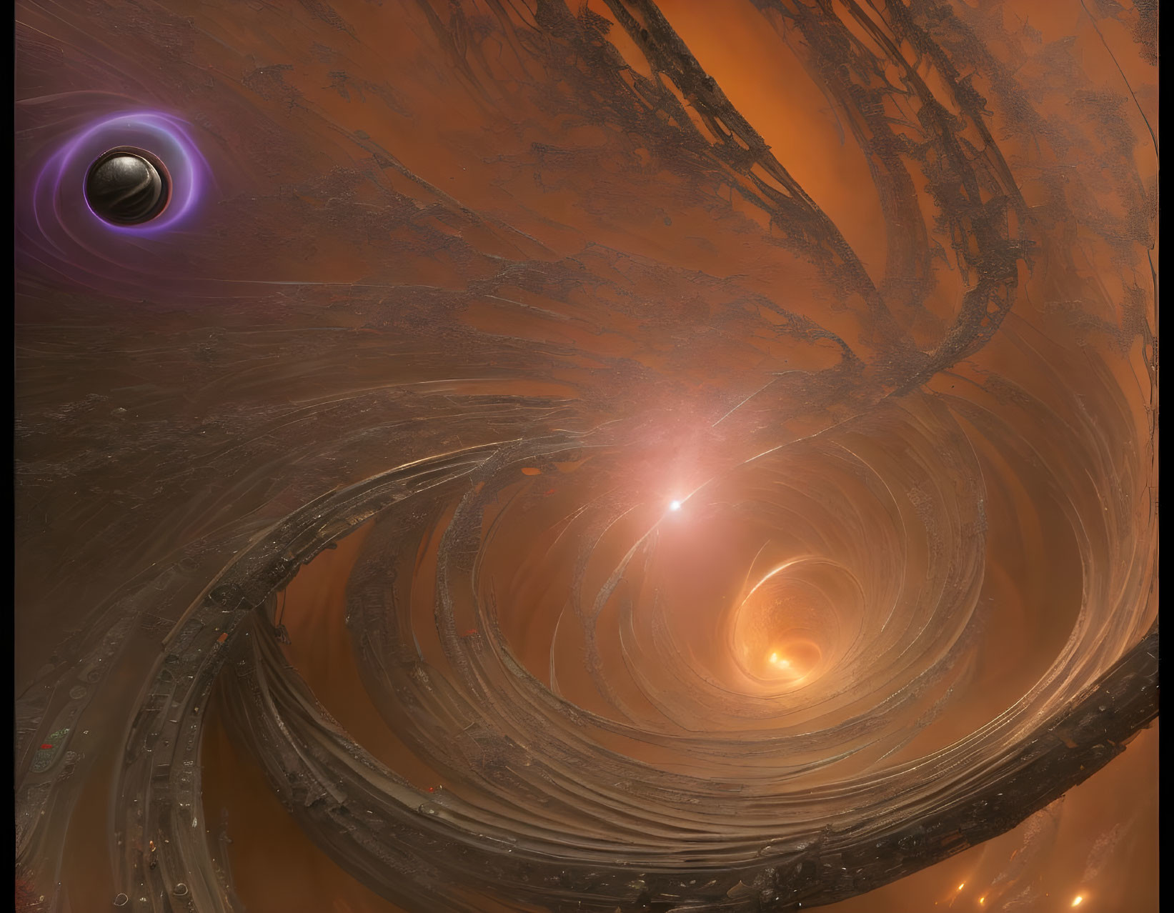 Swirling orange nebula, bright star, black hole with accretion disk