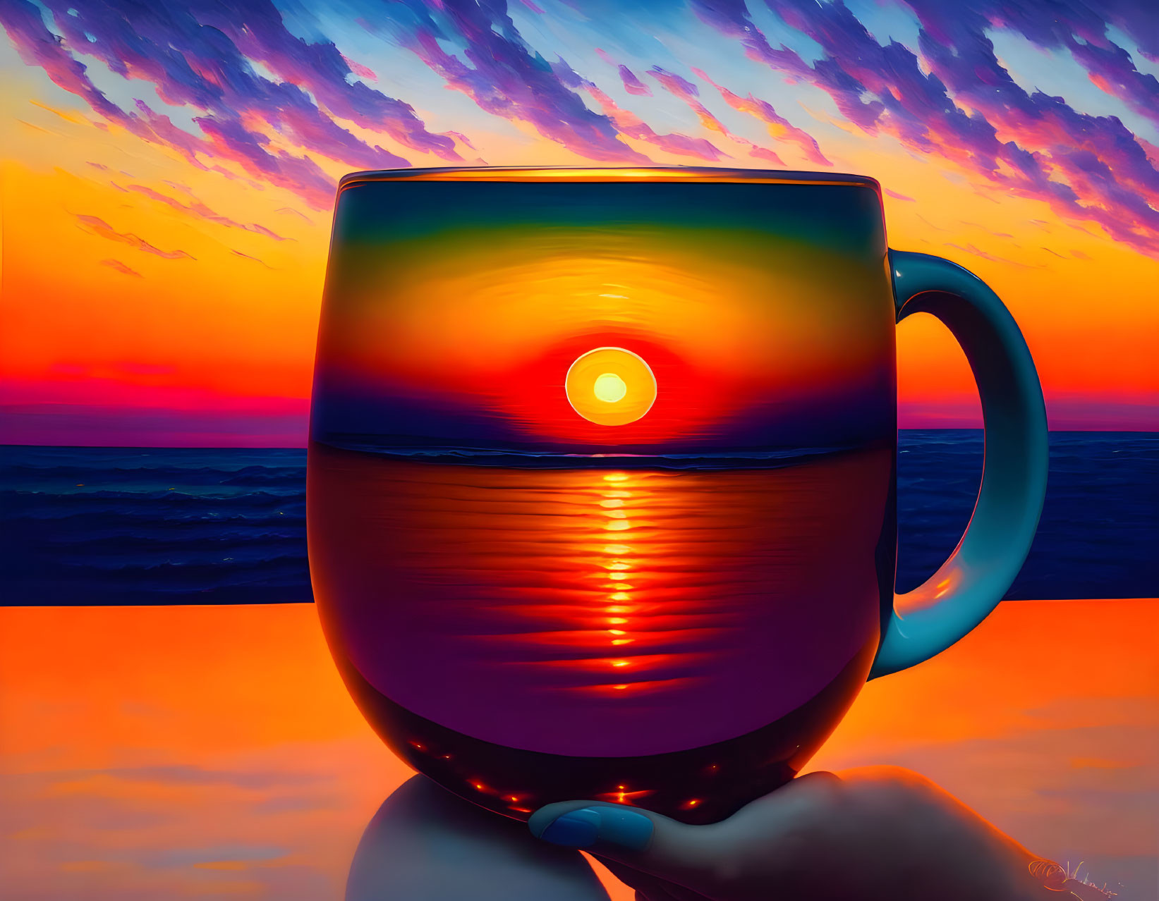 Colorful sunset beach scene painted on reflective coffee mug