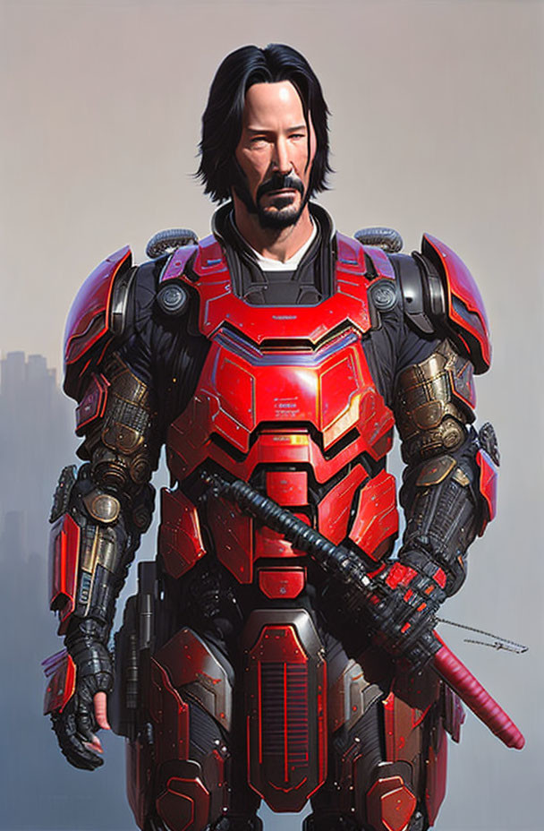 Futuristic digital art: person in red and black armored suit with helmet