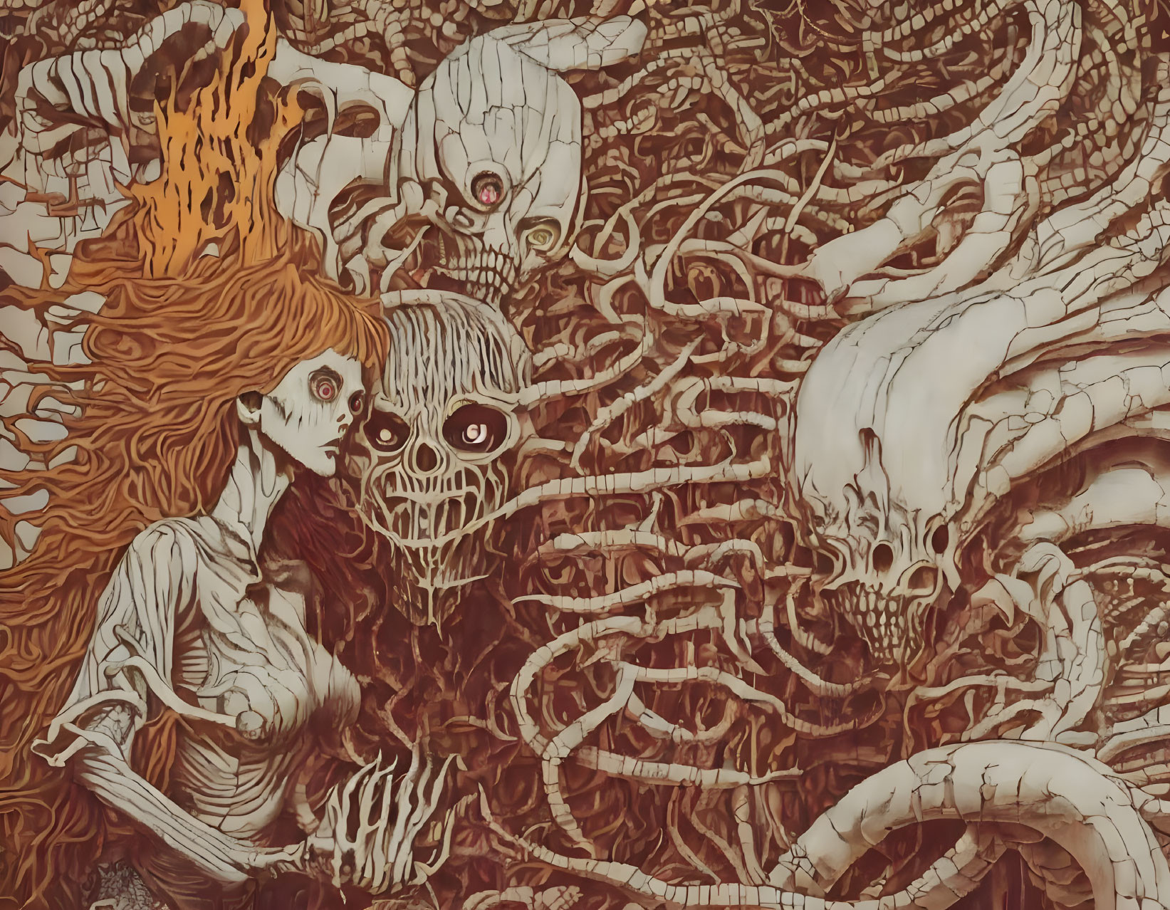 Surreal horror illustration: woman with fiery hair surrounded by eerie creatures, tentacles, and skulls