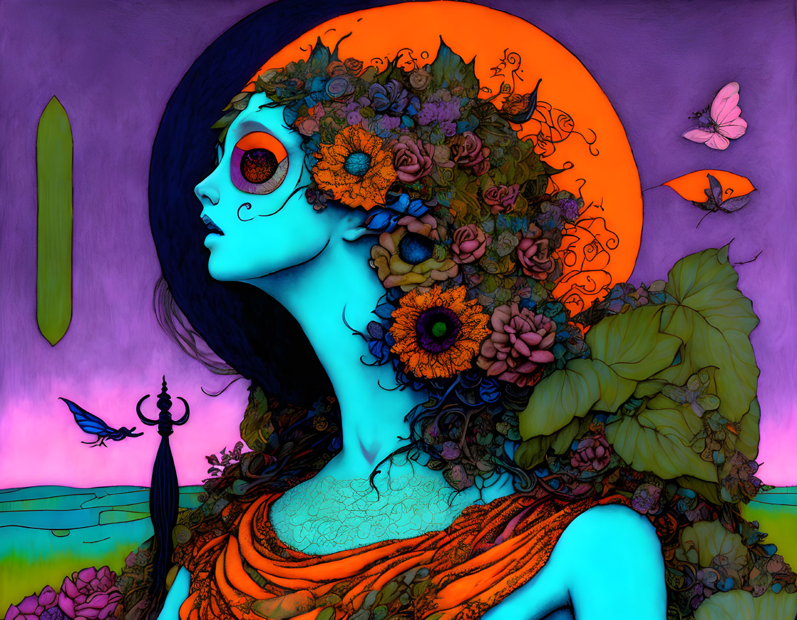 Colorful Woman with Blue Skin and Orange Eyes in Floral Headpiece on Purple Background with Orange Moon