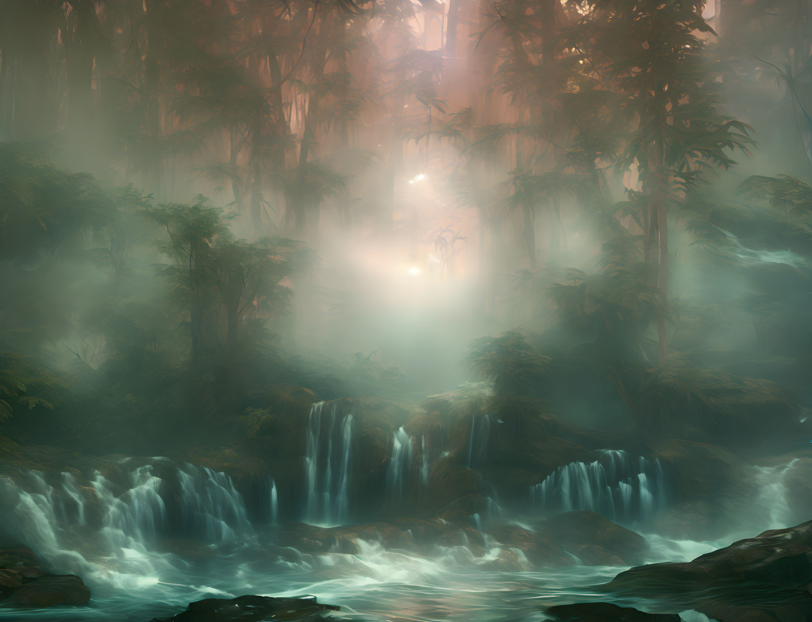 Misty forest with sunlight, waterfalls, and tranquil waters