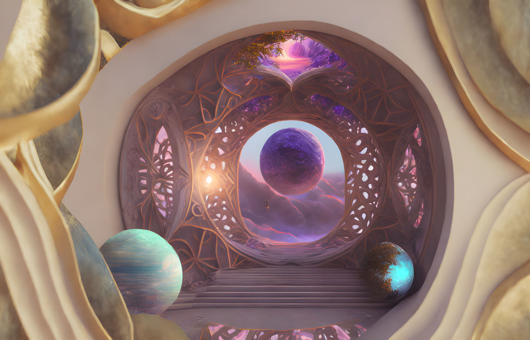 Intricate fantasy tunnel with floating orbs, tree, and purple sky