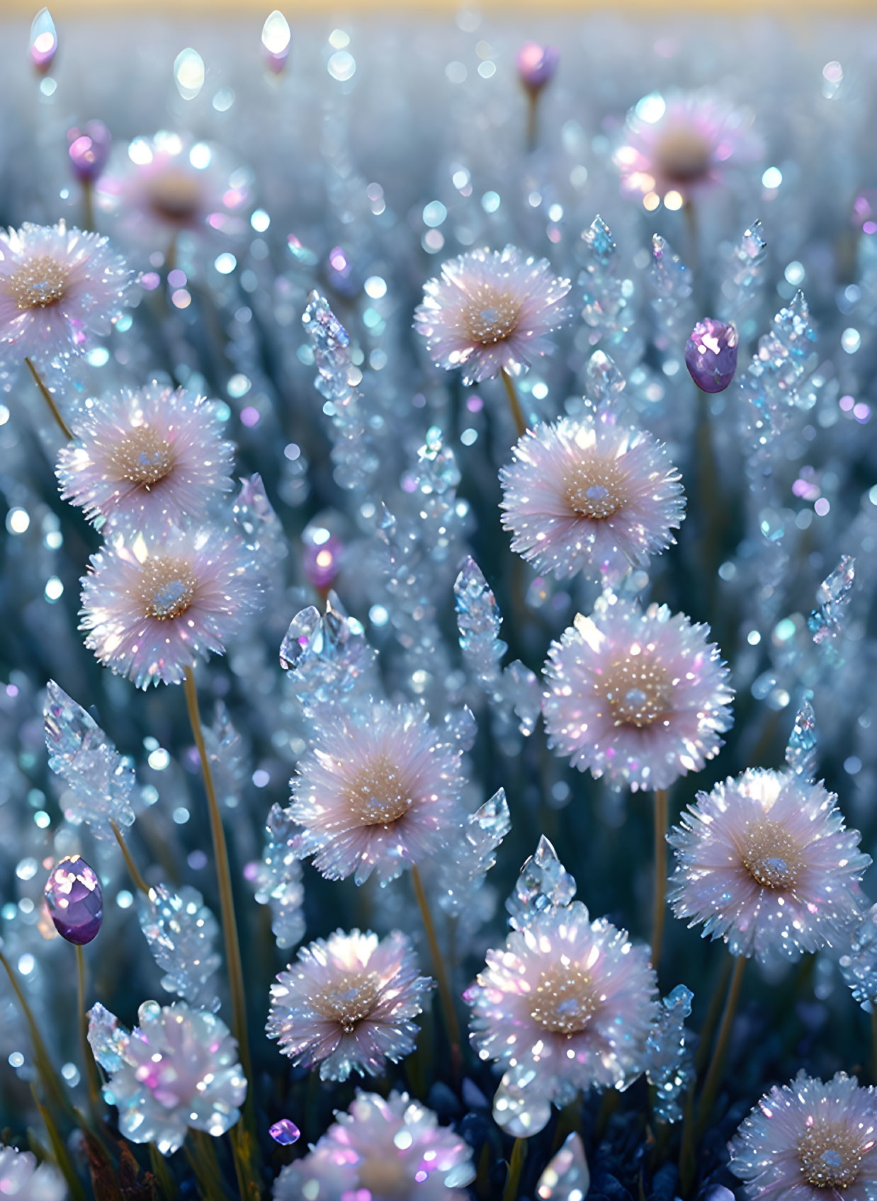 Macro shot of glistening dew-covered flowers with delicate petals.