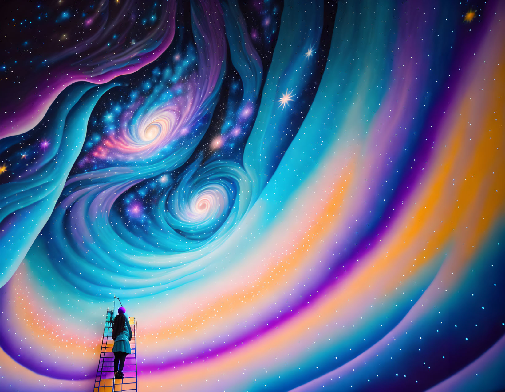 Person painting vibrant cosmic scene on ladder.