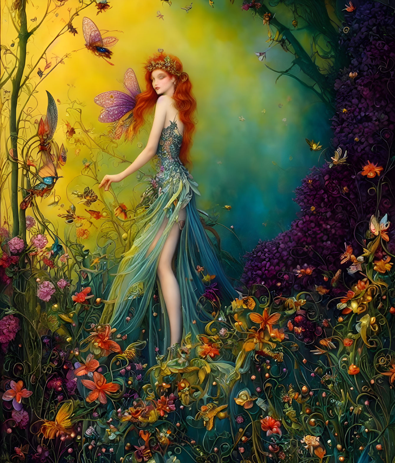 Fantasy illustration of winged woman with red hair in colorful floral setting