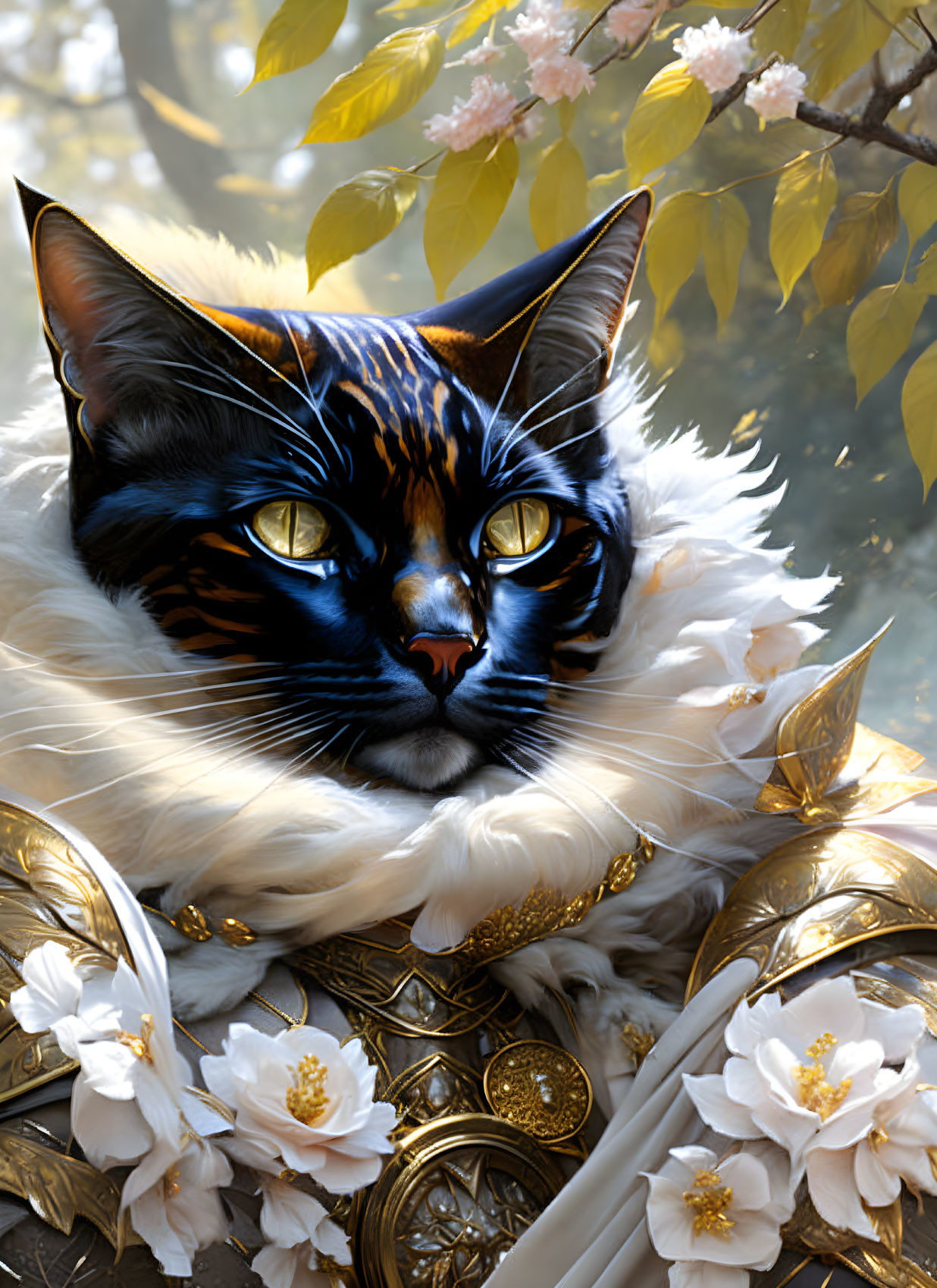 Majestic black and gold cat among white blossoms and ruffles