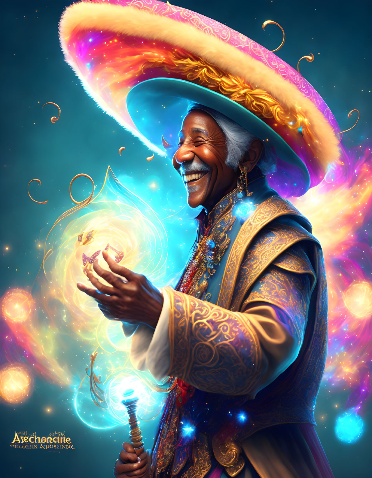 Colorful Wizard with Glowing Orb and Ornate Attire