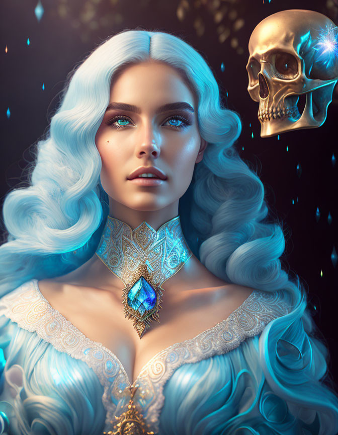 Digital artwork: Woman with white hair, blue eyes, golden dress, blue gem necklace, beside glowing