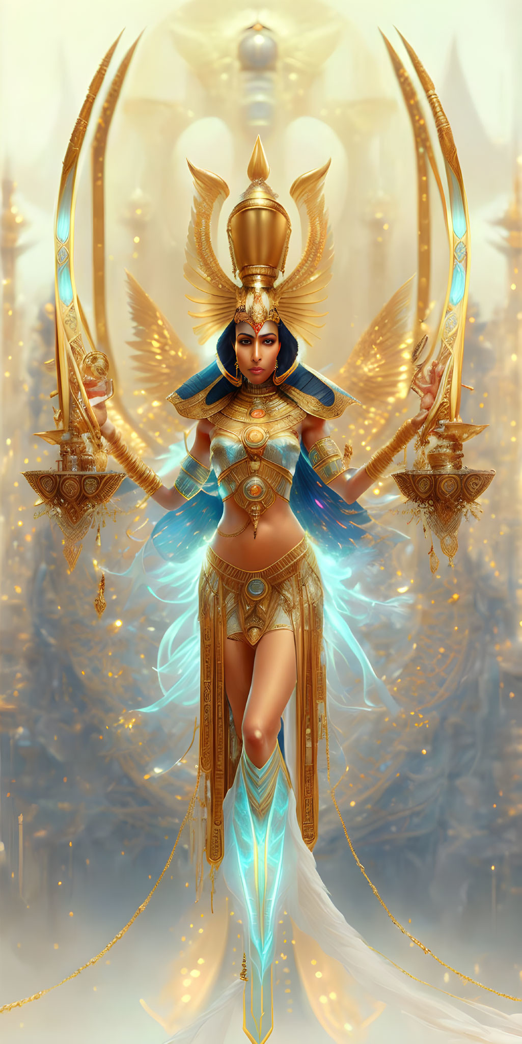 Illustrated female figure with pharaoh-like headdress and multiple arms in ornate golden and blue attire