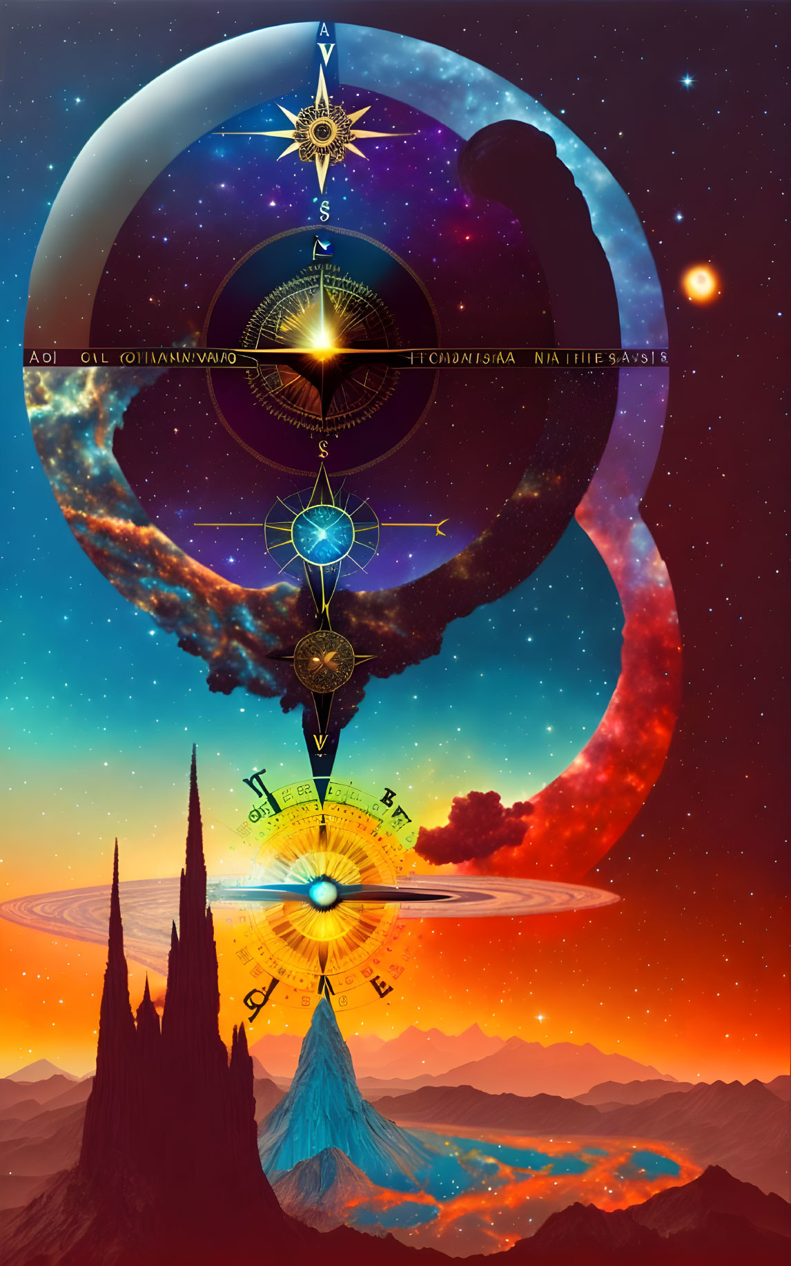 Colorful cosmic illustration with nebula, planets, compass, and geometric shapes in alien landscape