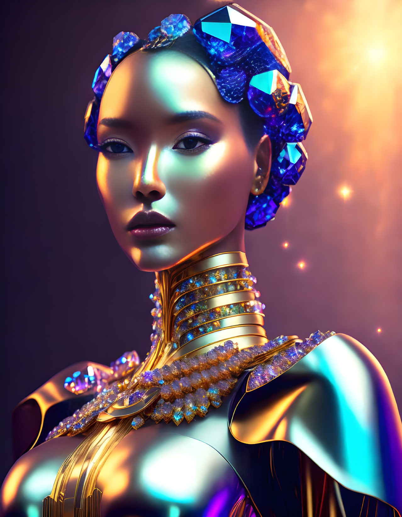 Golden-skinned female with blue crystalline hair accessories and ornate neck rings on a dark, sparkling