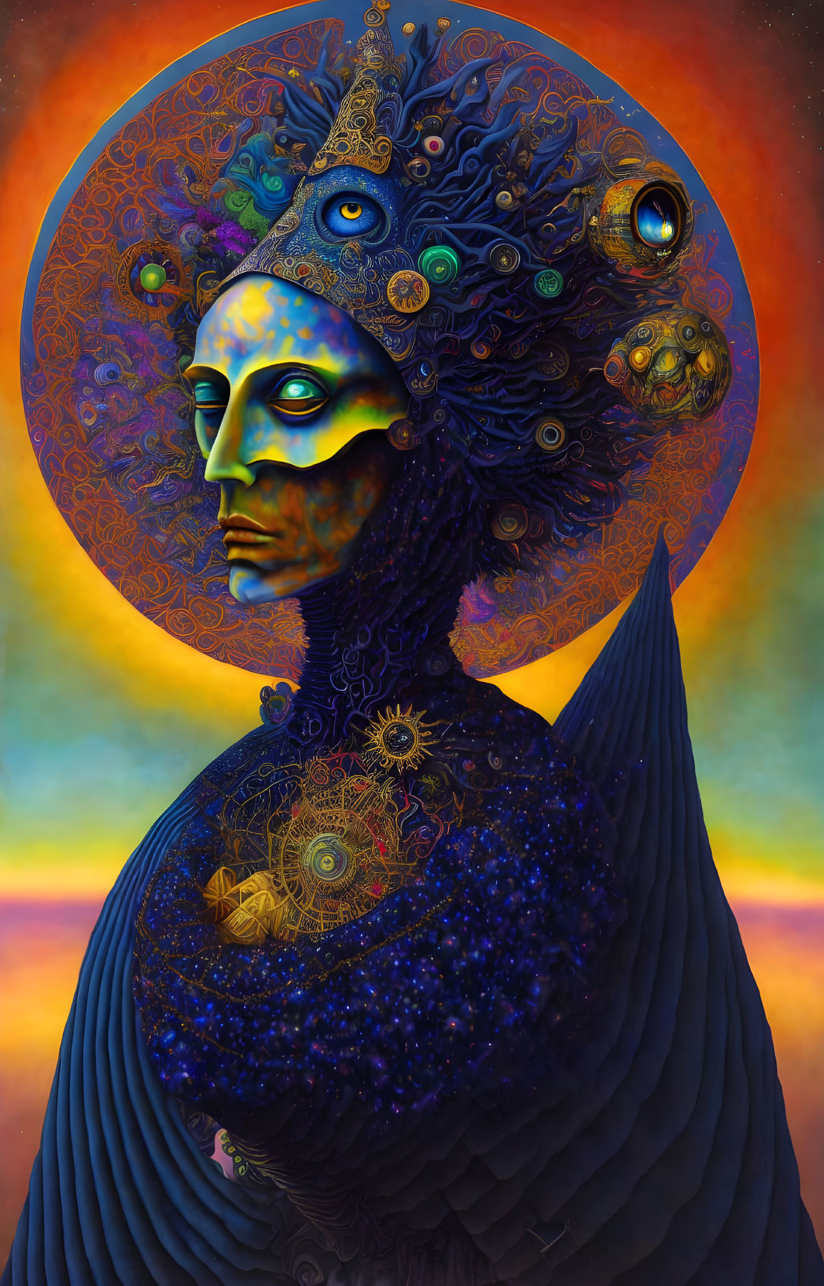 Surreal cosmic portrait of figure with celestial patterns and fiery sky