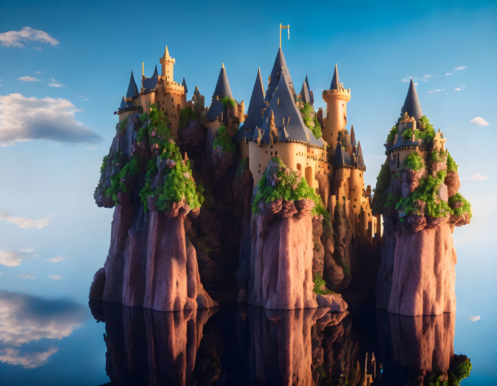 Fantastical castle with multiple spires on steep rock pillars amid lush greenery under blue sky