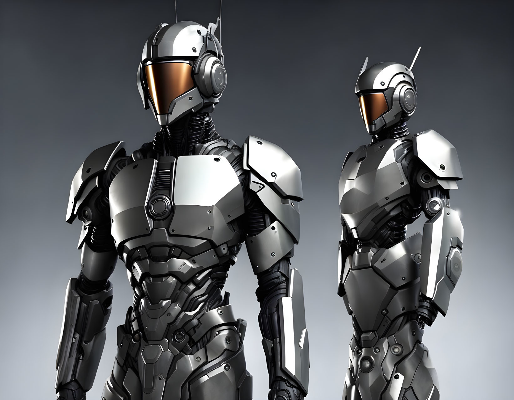 Advanced humanoid robots in sleek metallic armor on gradient gray background