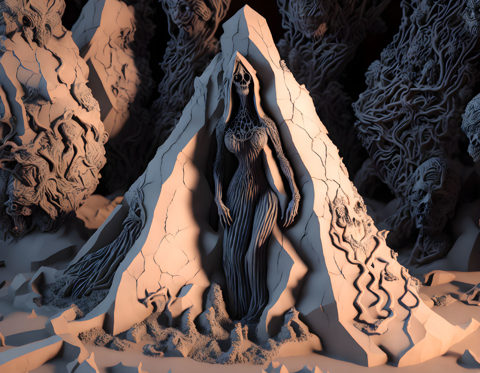 Macabre 3D Render: Skeletal Figure in Dark Robes Emerging from Fractured