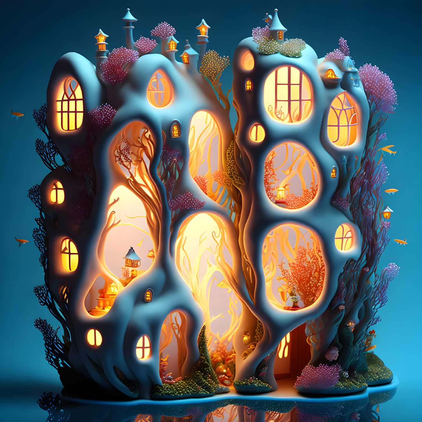 Whimsical treehouse surrounded by glowing windows and coral-like flora