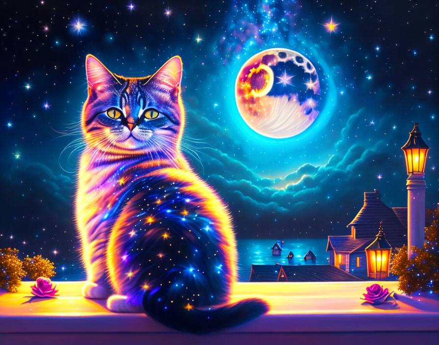 Colorful digital artwork: Cat with cosmic fur on balcony under night sky