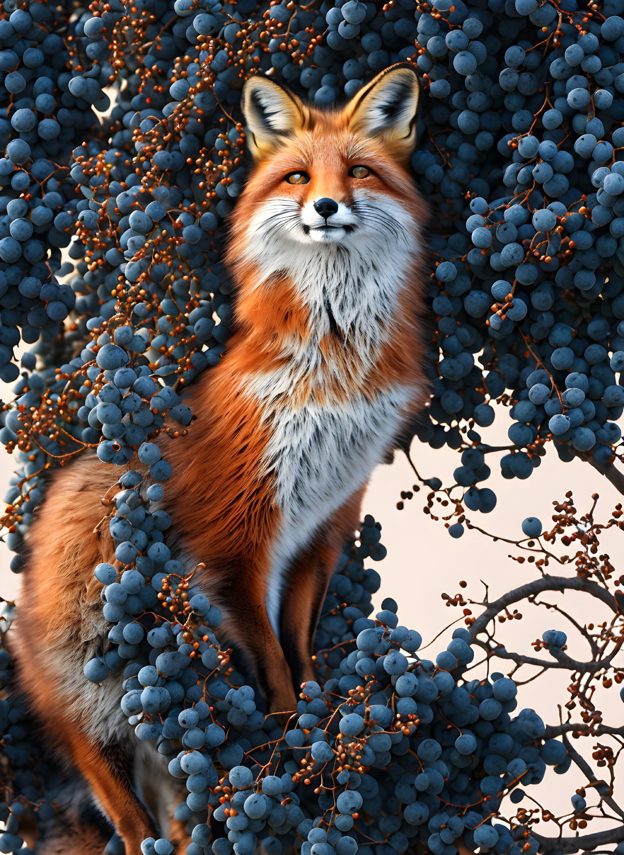 Red Fox Observing Blueberries in Bush with Orange Fur