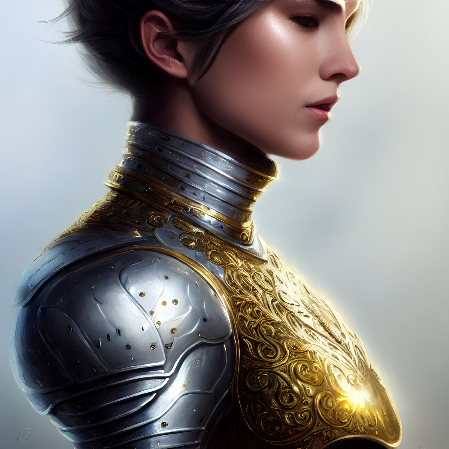 Person in Short Hair Wearing Gold-Detailed Armor